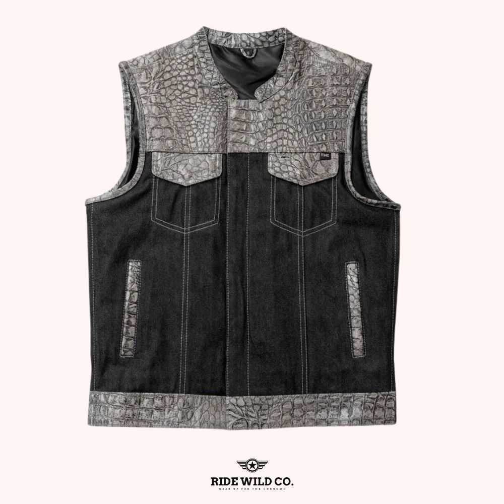 Serpent Hunt Club Men's Denim Biker Vest - white background