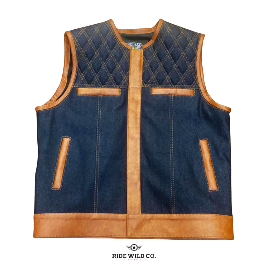 Pathfinder Men's Diamond Quilted Brown denim Motorcycle Vest - white background