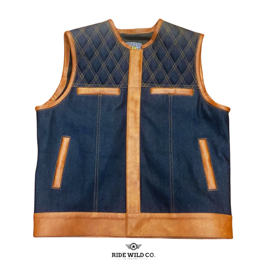 Pathfinder Men's Diamond Quilted Brown denim Motorcycle Vest - white background