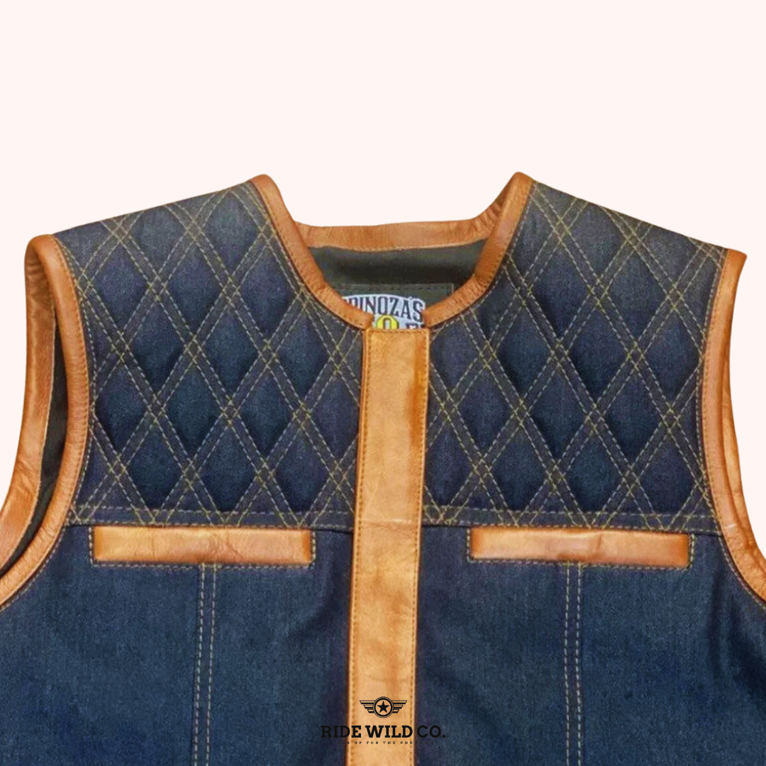 Pathfinder Men's Diamond Quilted Brown denim Motorcycle Vest - shoulder close up