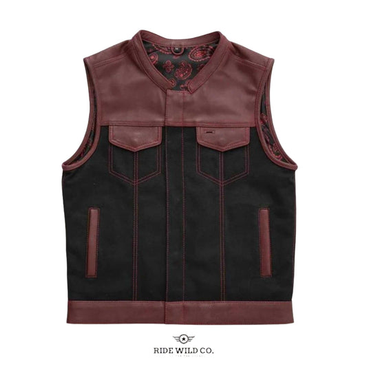 OX Blood Men's Leather & Canvas Club Biker Vest - white background 