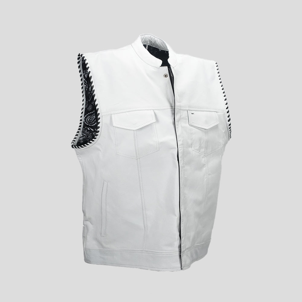 Ivory Ice Luxe Men's Leather Motorcycle Canvas Vest - front