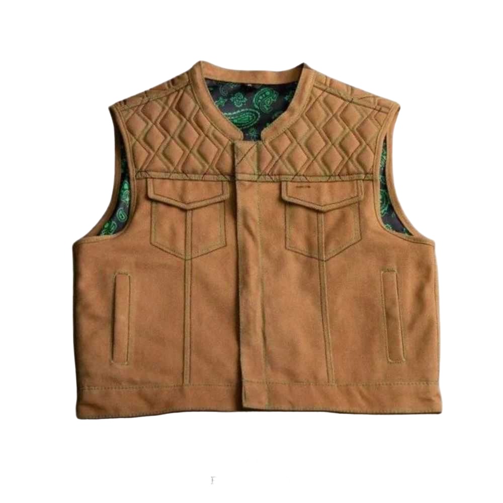 Open Road Men's Brown Distressed Canvas Biker Vest - white background 