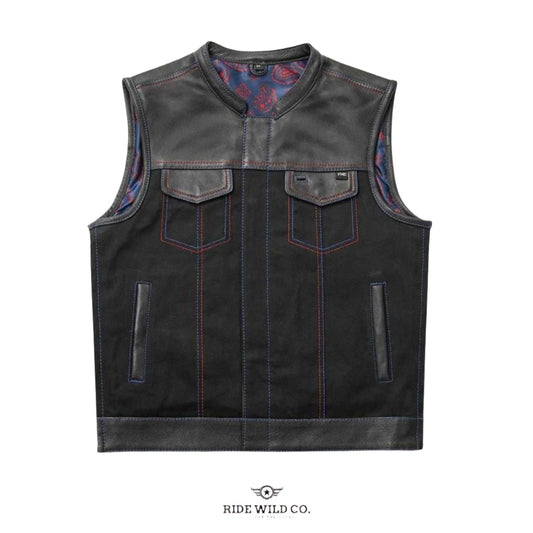 Maverick Men's Leather/Twill Motorcycle Vest - white background