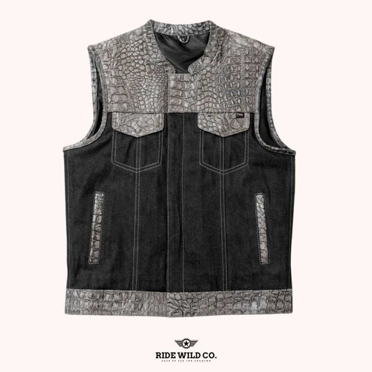 Serpent Hunt Club Men's Denim Biker Vest - white background 