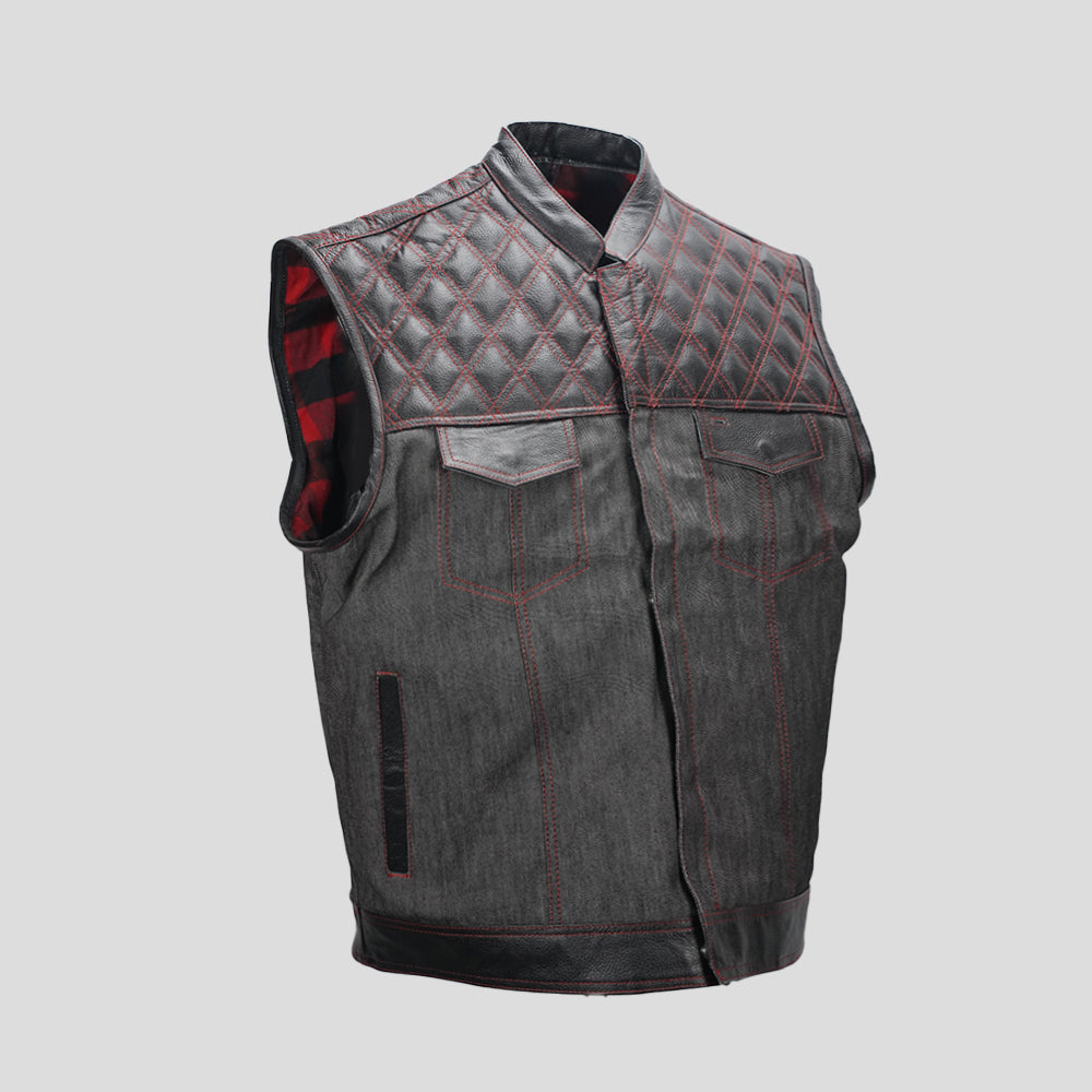 Plaid Denim Men's Motorcycle Denim Vest - front