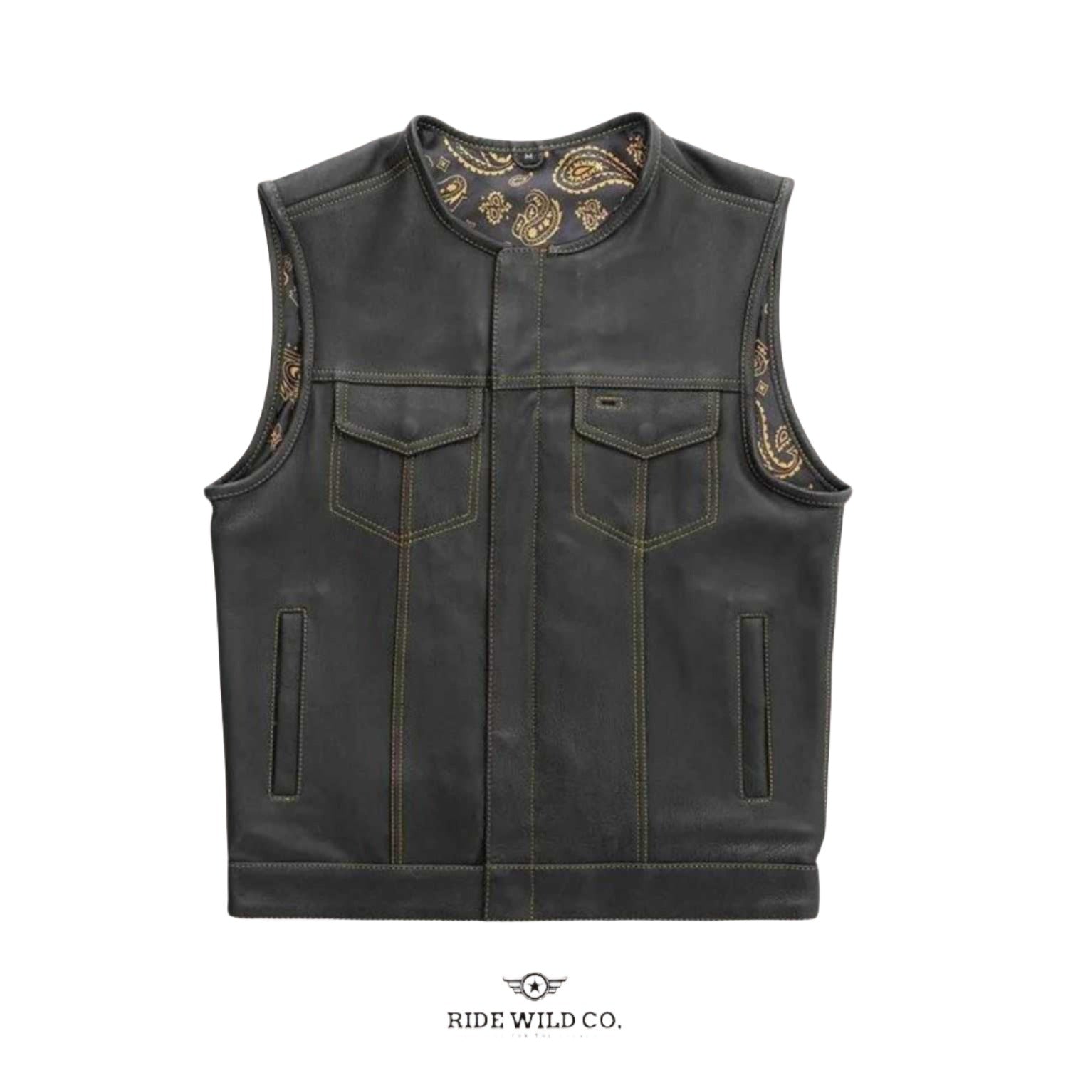 Rebel Rider Men's Black Leather Motorcycle Vest - white background