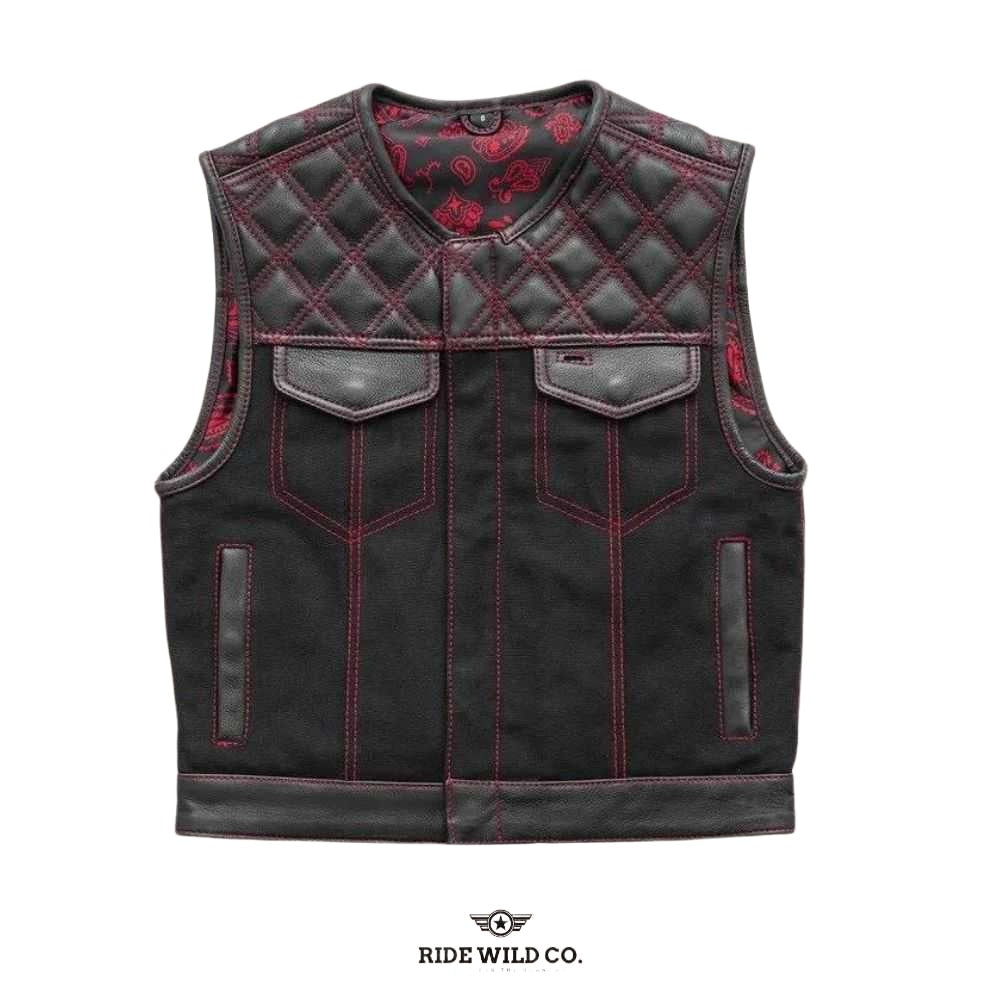 Hunt Club Outlaw Men Leather / Denim Biker Vest - white background 