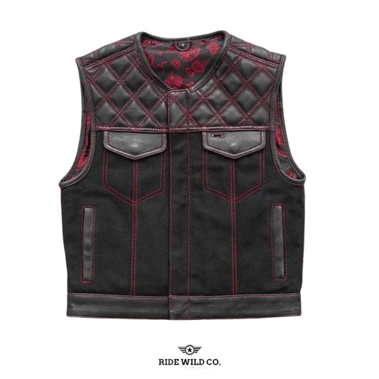 Hunt Club Outlaw Men Leather / Denim Biker Vest - white background 