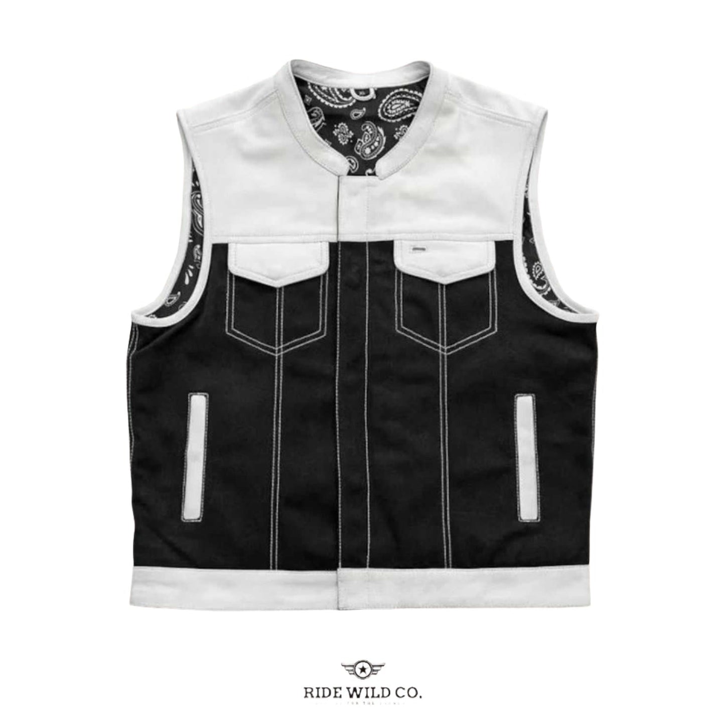 Men's Cashmere-Lined Two-Tone Leather Motorcycle Vest - white background