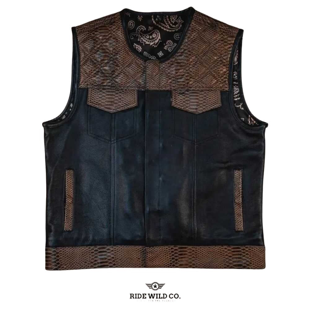 Aviator Brown Distressed Men Canvas Biker Vest - white background