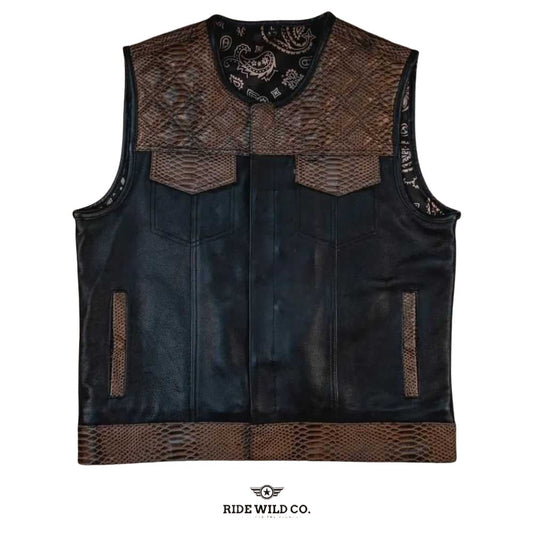 Aviator Brown Distressed Men Canvas Biker Vest - white background