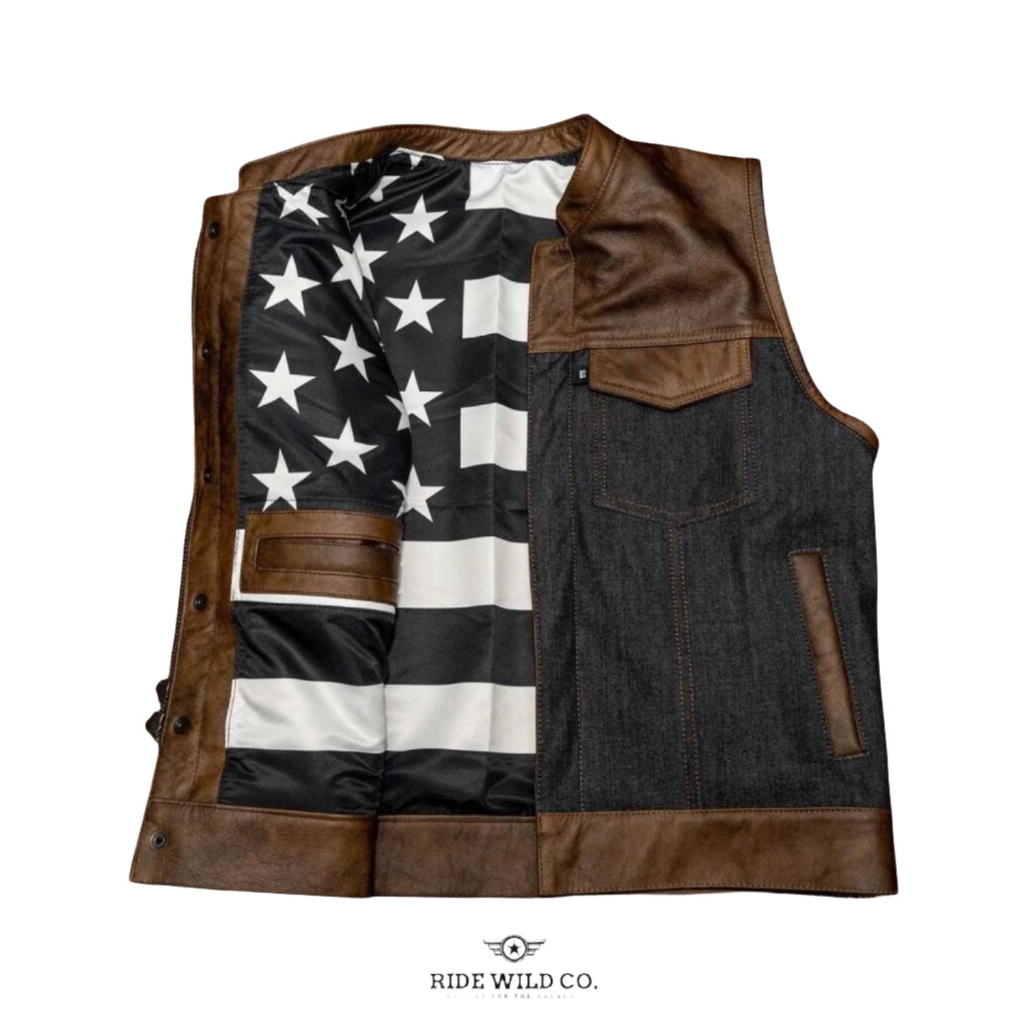 Renegade Men's Black Leather Motorcycle Vest - linen close up