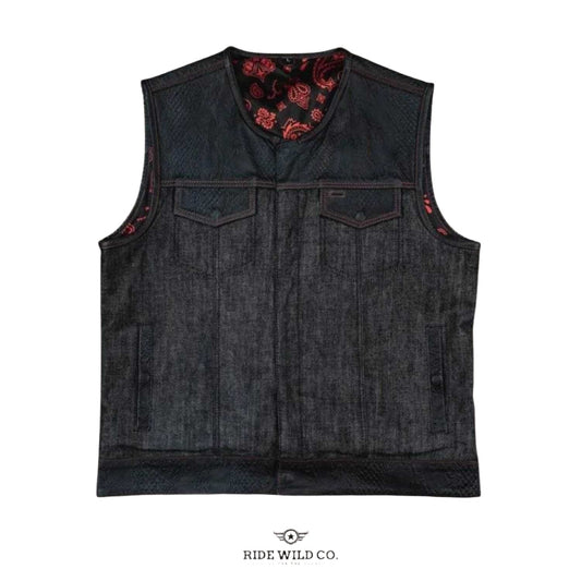 Cinder Rider Men's Ember Denim Vest  - white background 