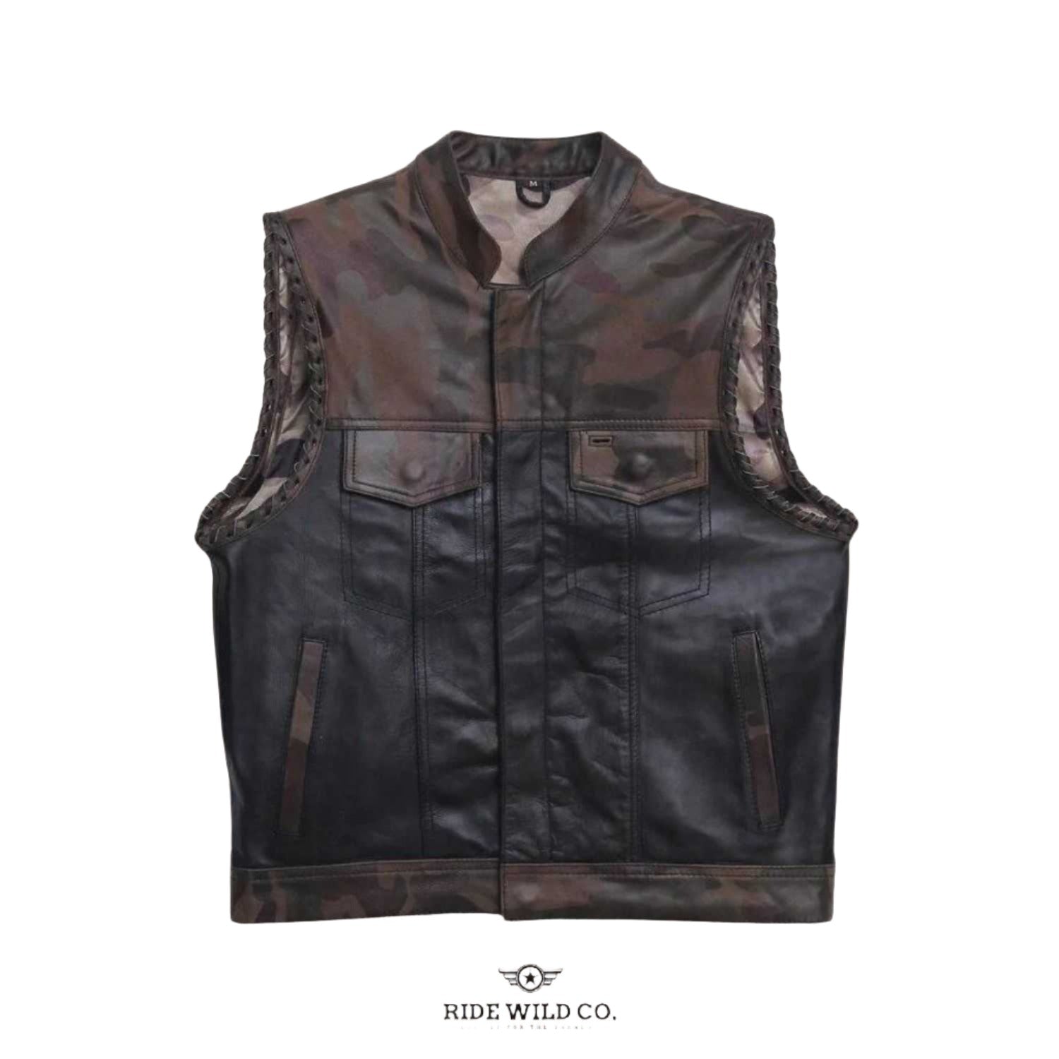 Camo Hideout Men Leather Motorcycle Vest - white background 