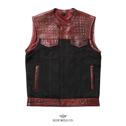 Iron Horizon Men Denim Biker Vest - white background 