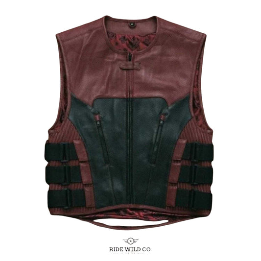 Spec Ops Men's Black Leather Biker Vest - white background 