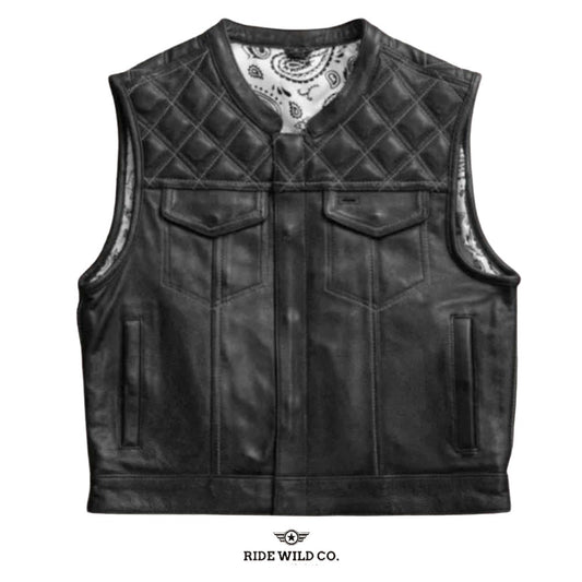 Ebony Quilted Men Leather Biker Vest - white background 