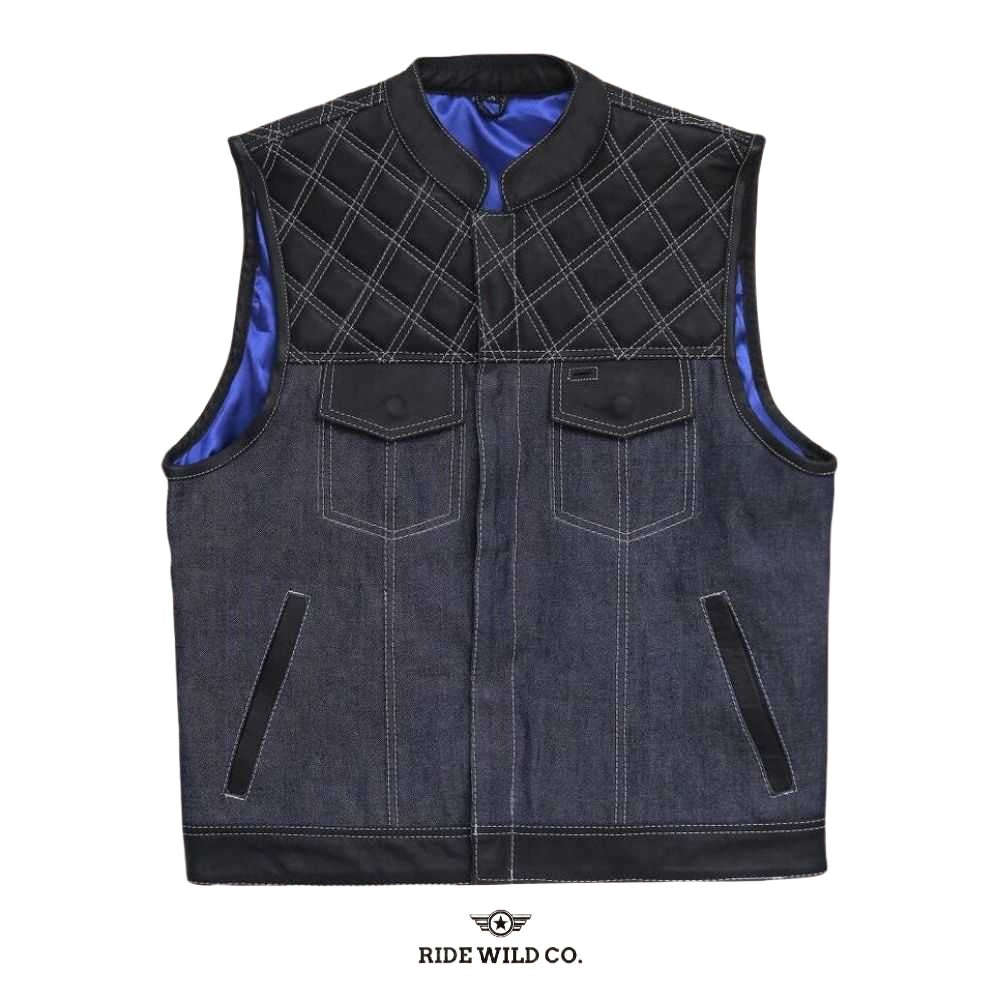 Rugged Denim Diamond Quilted Men Denim Motorcycle Vest - front