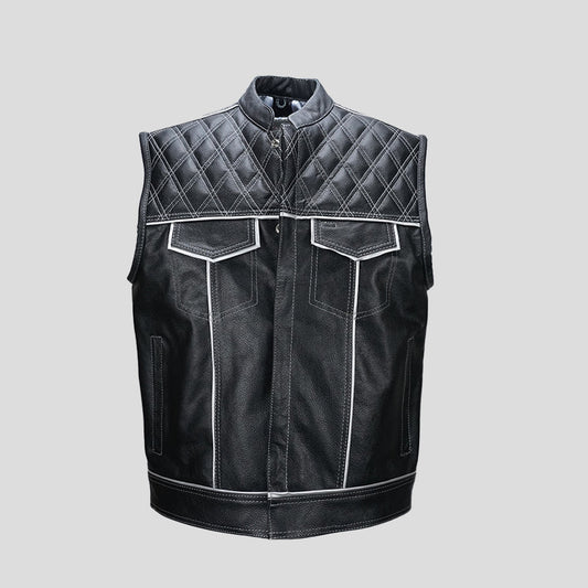 Black Checkered Diamond-Stitched Men's Biker Vest - white background