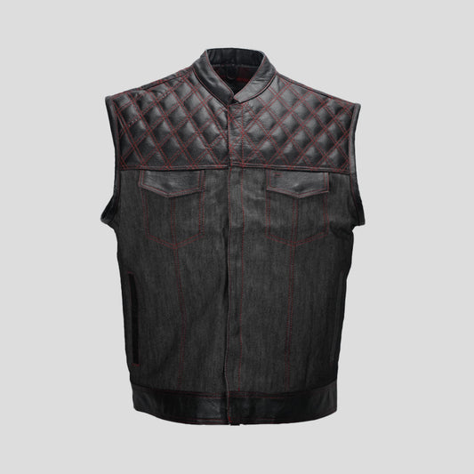 Plaid Denim Men's Motorcycle Denim Vest - front