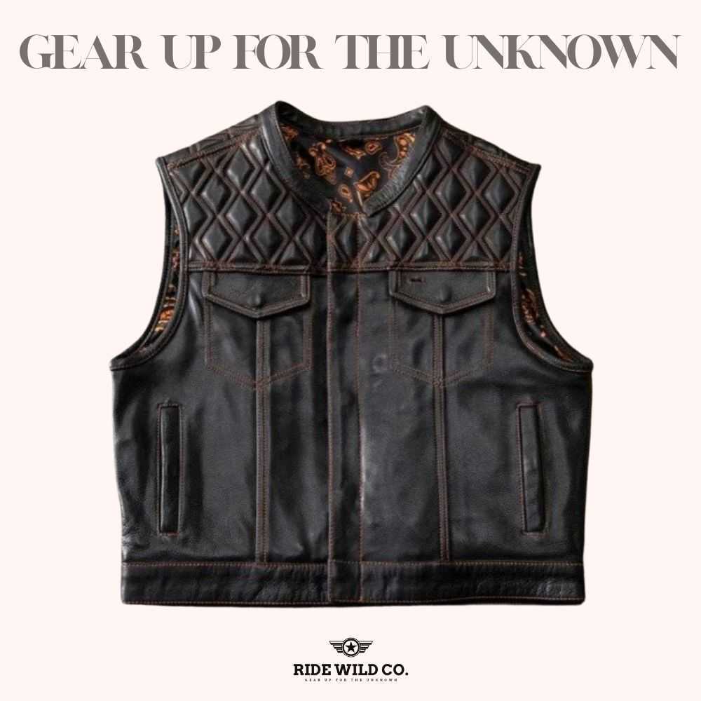 Roadster Men's Black Leather Biker Vest - front