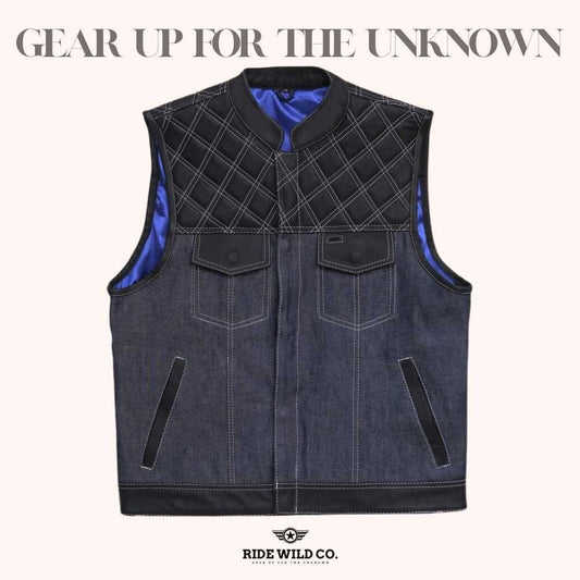 Rugged Denim Diamond Quilted Men Denim Motorcycle Vest - front