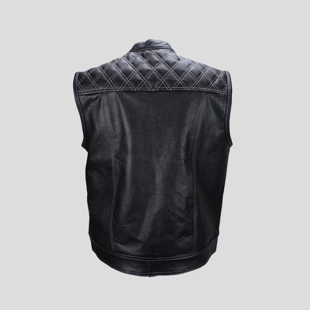 Black Checkered Diamond-Stitched Men's Biker Vest - back