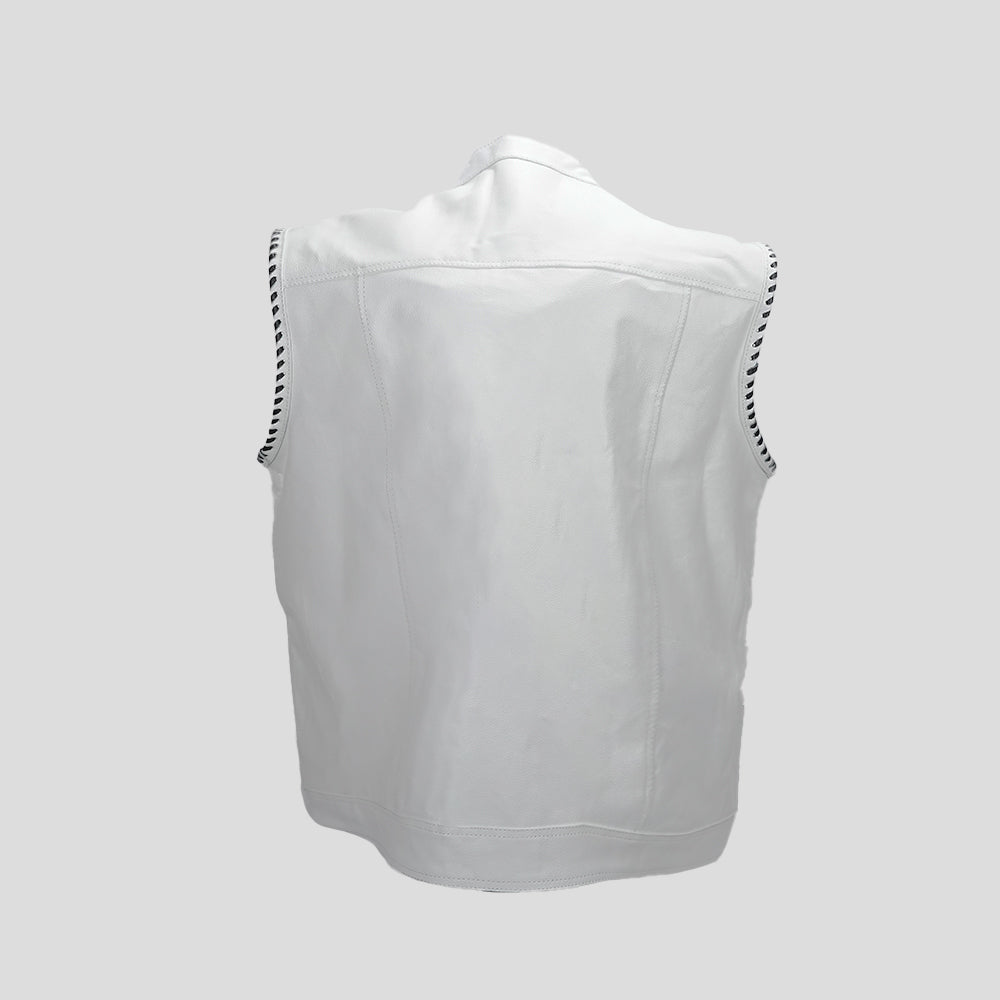 Ivory Ice Luxe Men's Leather Motorcycle Canvas Vest - back