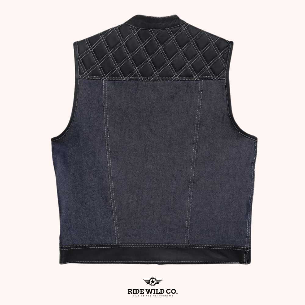 Rugged Denim Diamond Quilted Men Denim Motorcycle Vest - back