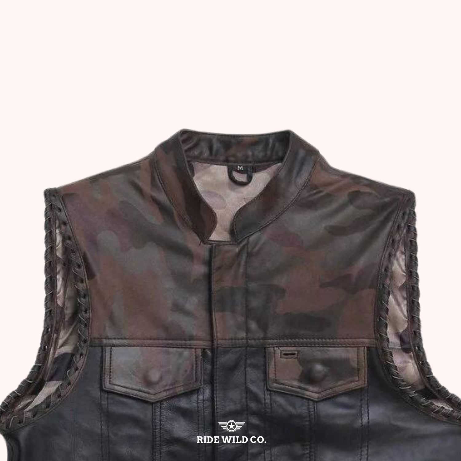 Camo Hideout Men Leather Motorcycle Vest - front close up