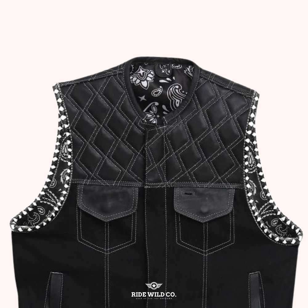 Rebel Bandanna Canvas Biker Vest - shoulder close up