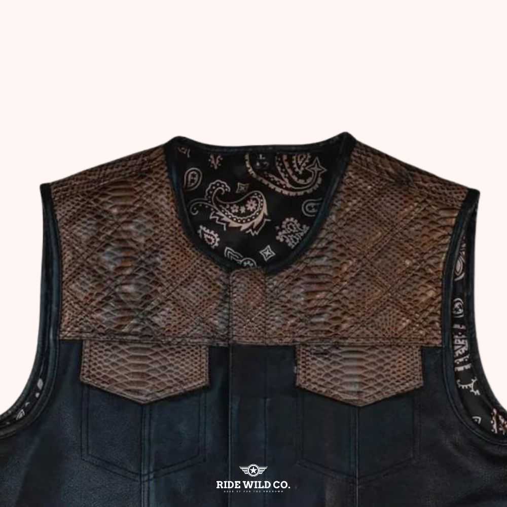 Aviator Brown Distressed Men Canvas Biker Vest - front close up