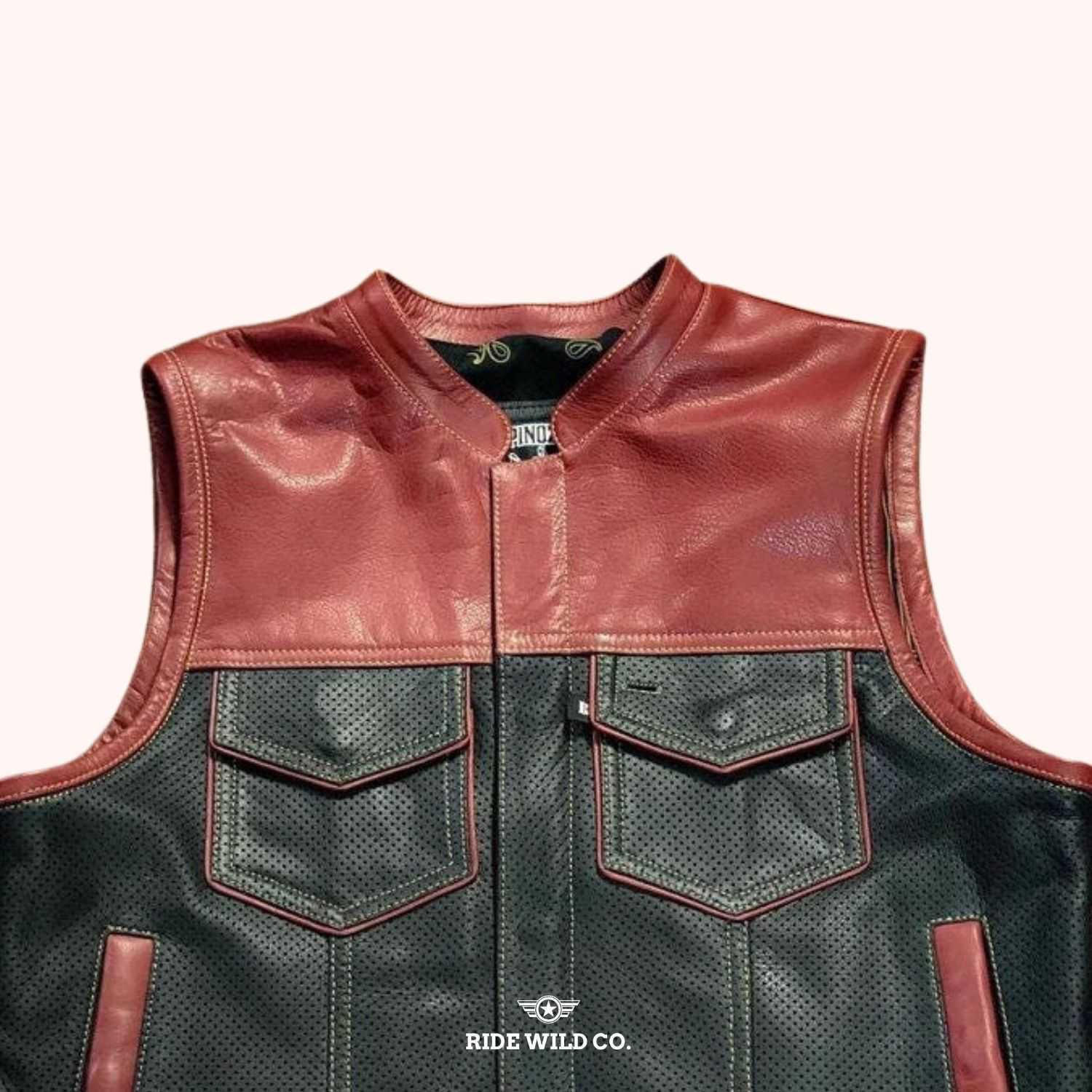 Maroon Noir Lowside Mesh Men's Motorcycle Leather Vest - back