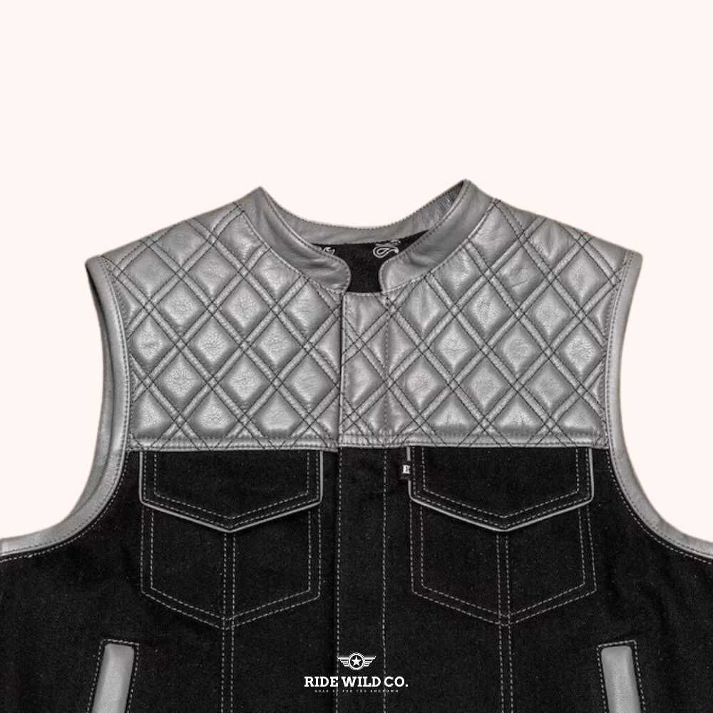 Weave Grey Men's Motorcycle Canvas Vest - front close up