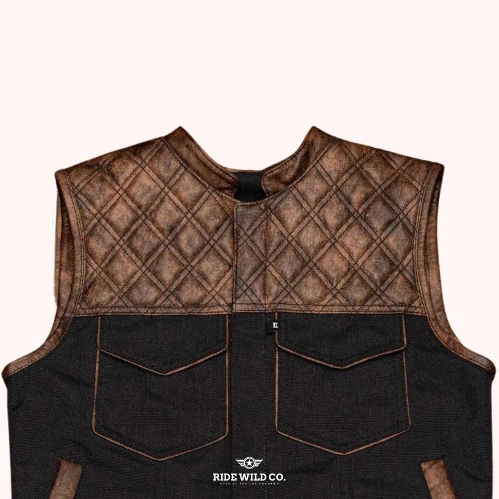 Contemporary Rider Men Canvas Biker Vest - front close up