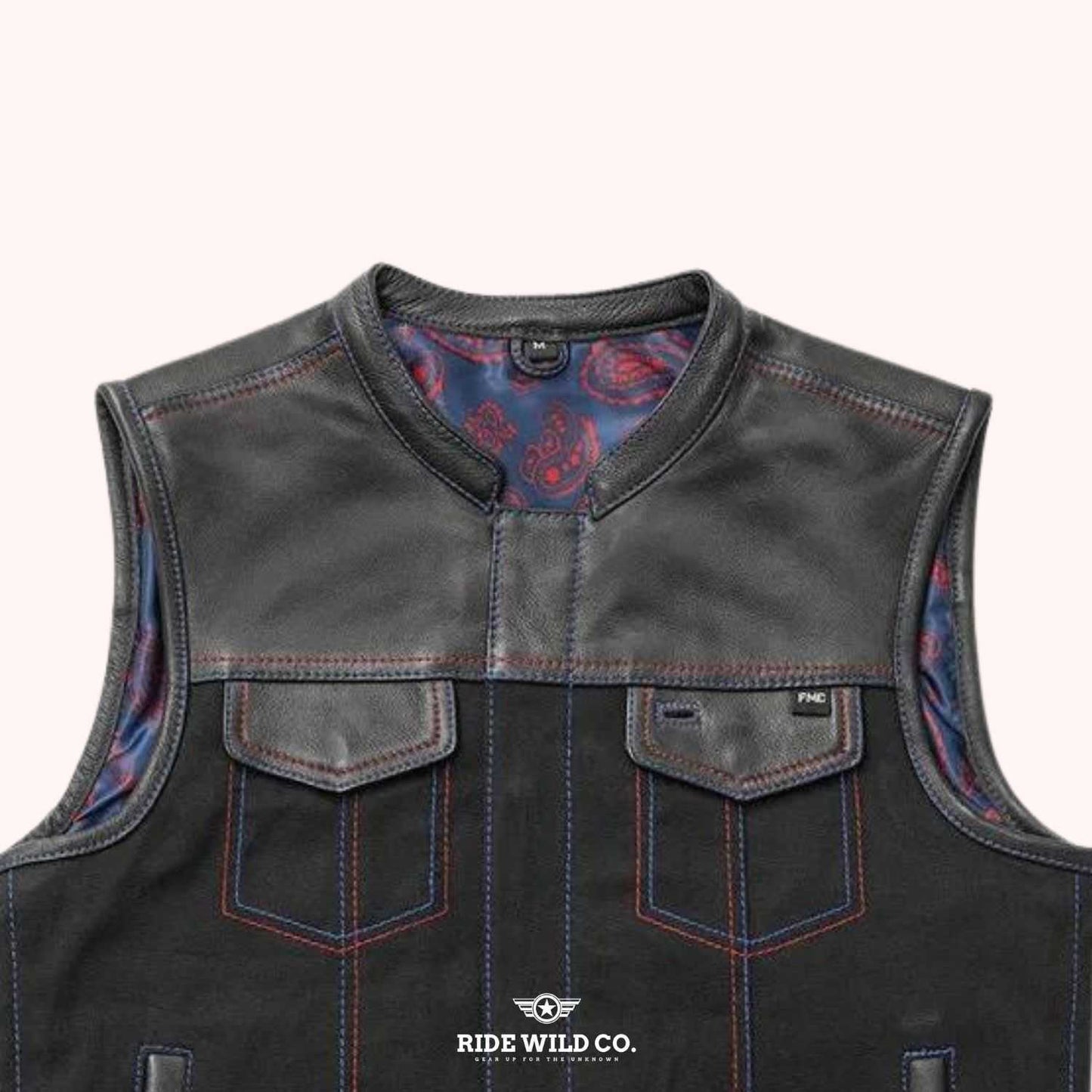 Maverick Men's Leather/Twill Motorcycle Vest - shoulder close up