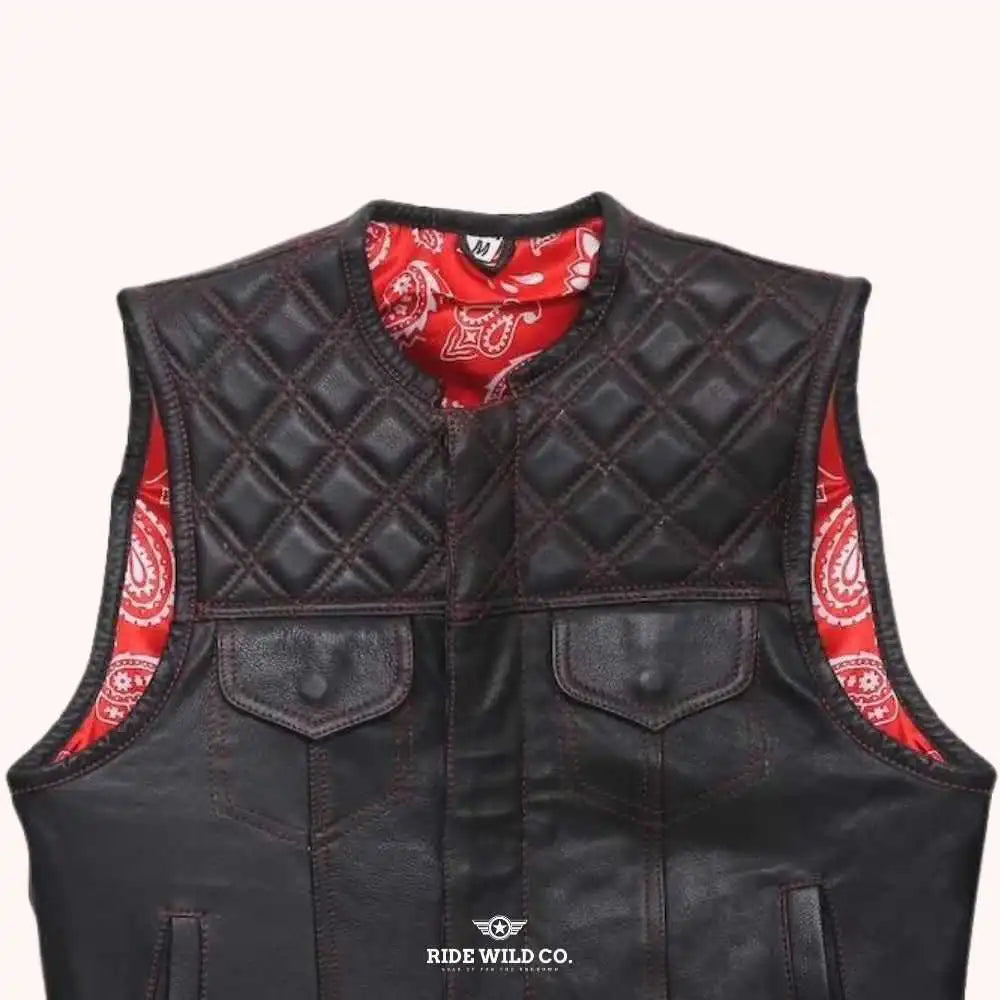 Bandana Ballad Men's Leather Motorcycle Vest - shoulder close up