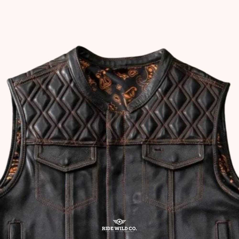 Roadster Men's Black Leather Biker Vest - back