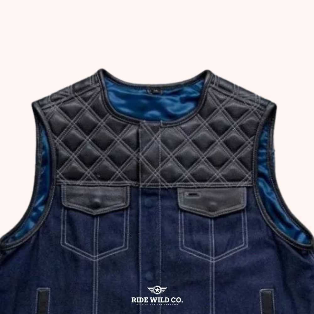 Maverick Hunt Club Men's Denim Biker Vest - front close up