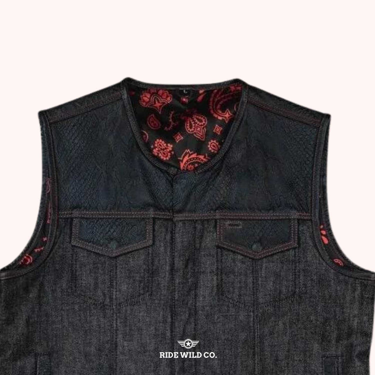 Cinder Rider Men's Ember Denim Vest  - front close up