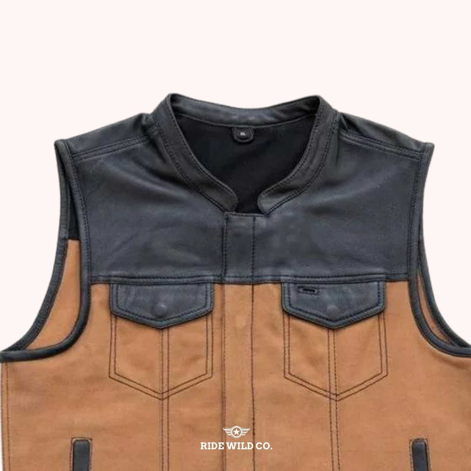 Vintage Tan Distressed Men Leather Biker Vest - shoulder close up