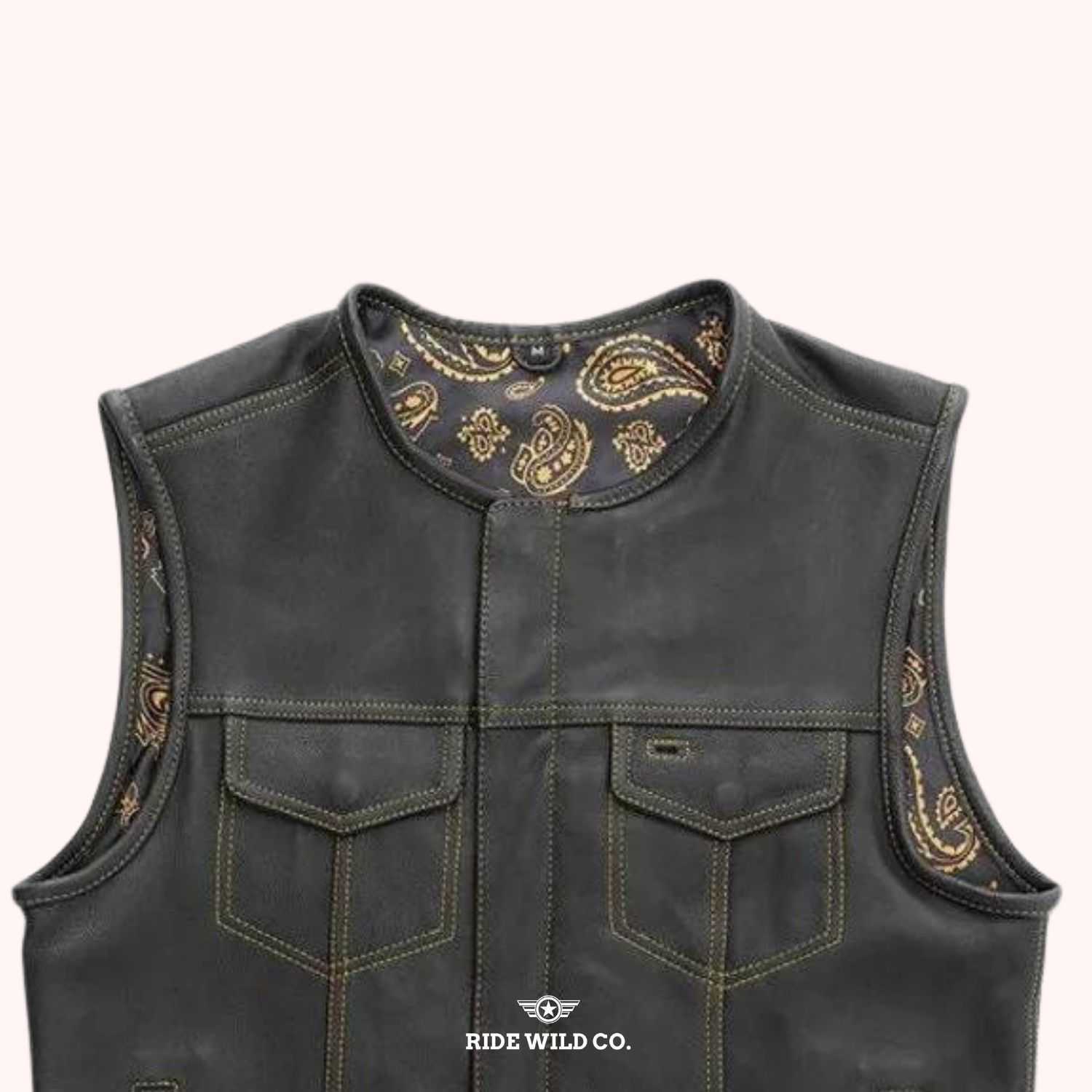 Rebel Rider Men's Black Leather Motorcycle Vest - shoulder close up