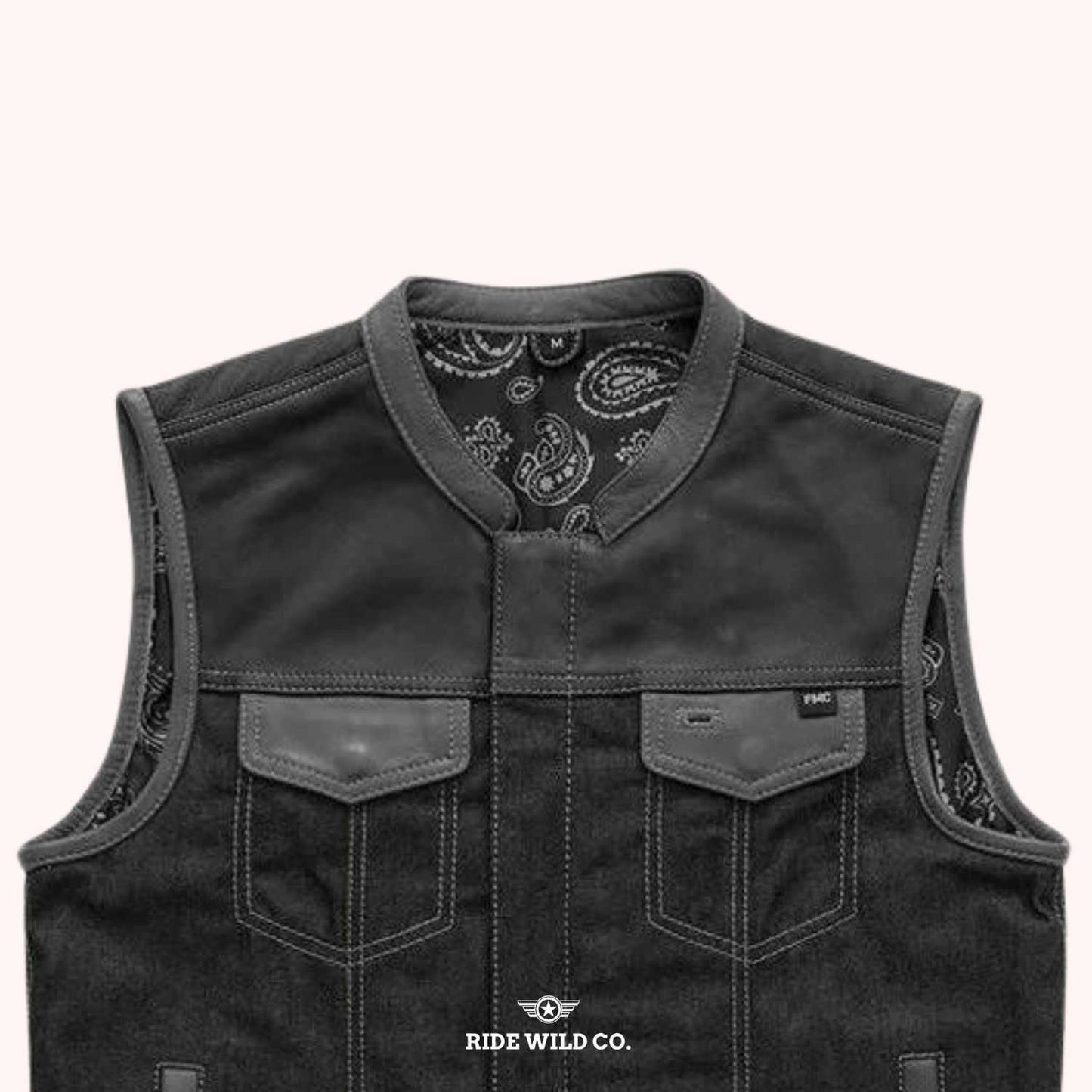 Men's Guardian Denim & Canvas Motorcycle Vest - shoulder close up