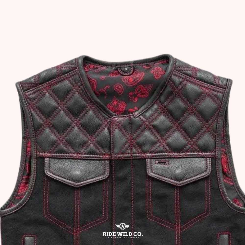 Hunt Club Outlaw Men Leather / Denim Biker Vest - front close up