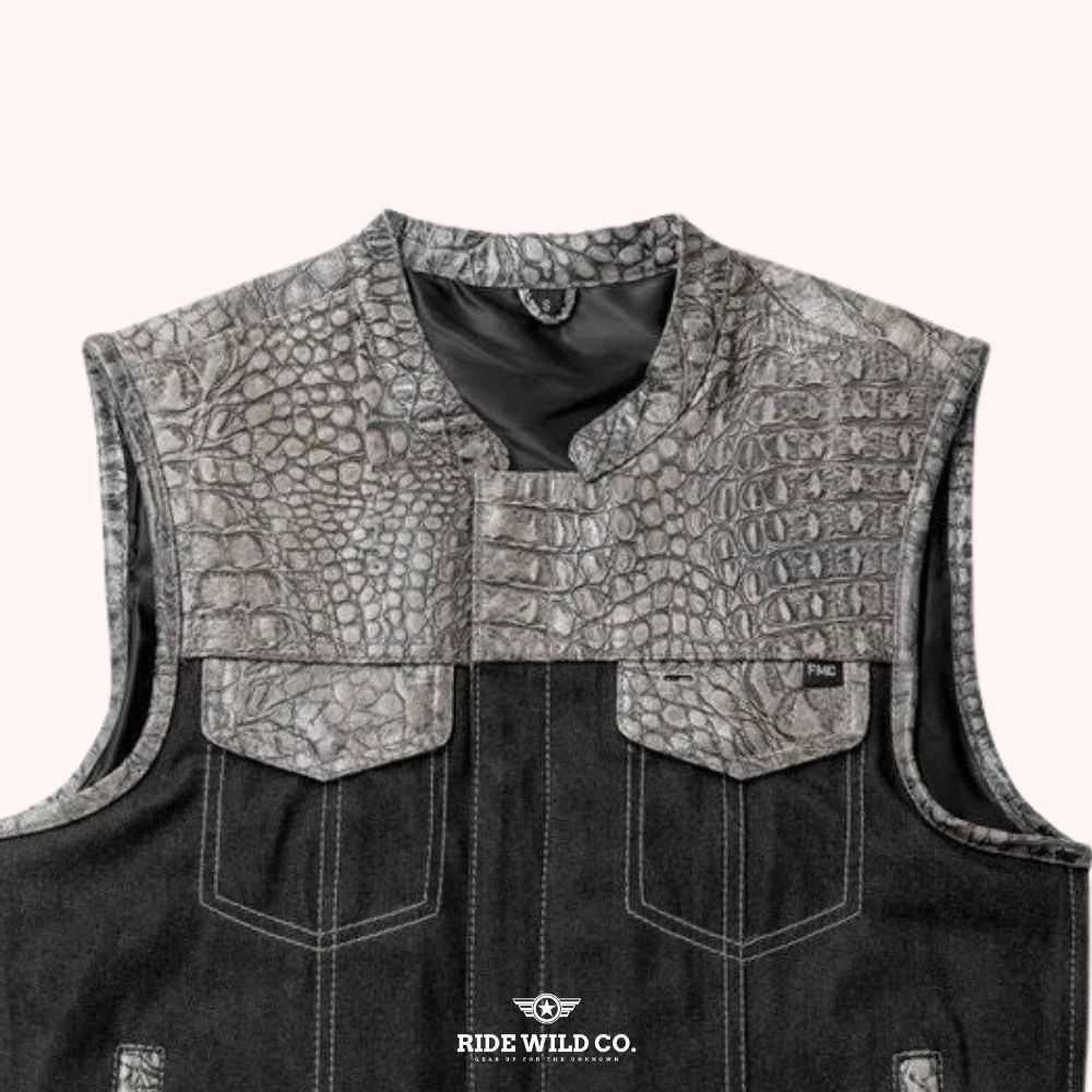 Serpent Hunt Club Men's Denim Biker Vest - front close up