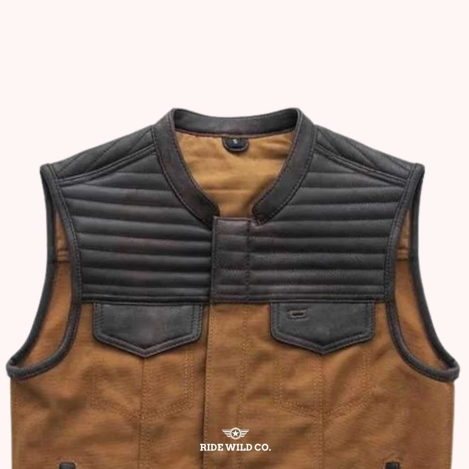 Bison Distressed Leather Motorcycle Vest - shoulder close up