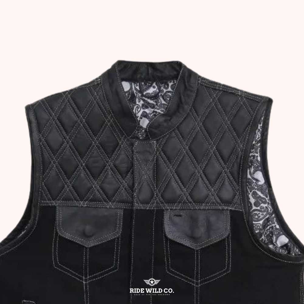 Free Spirit Men's Leather Biker Vest - front close up