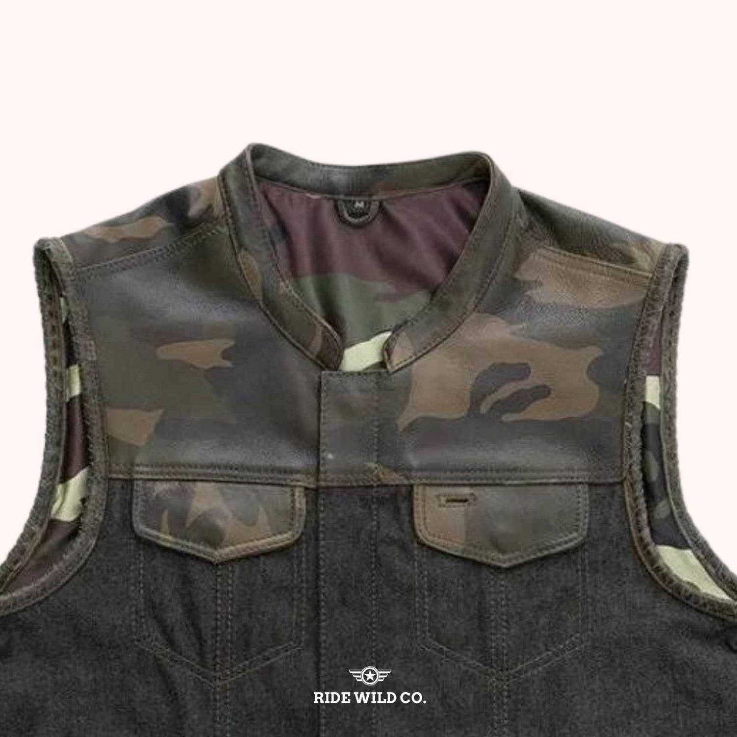 Woodsman Premium Leather Motorcycle Vest - shoulder close up