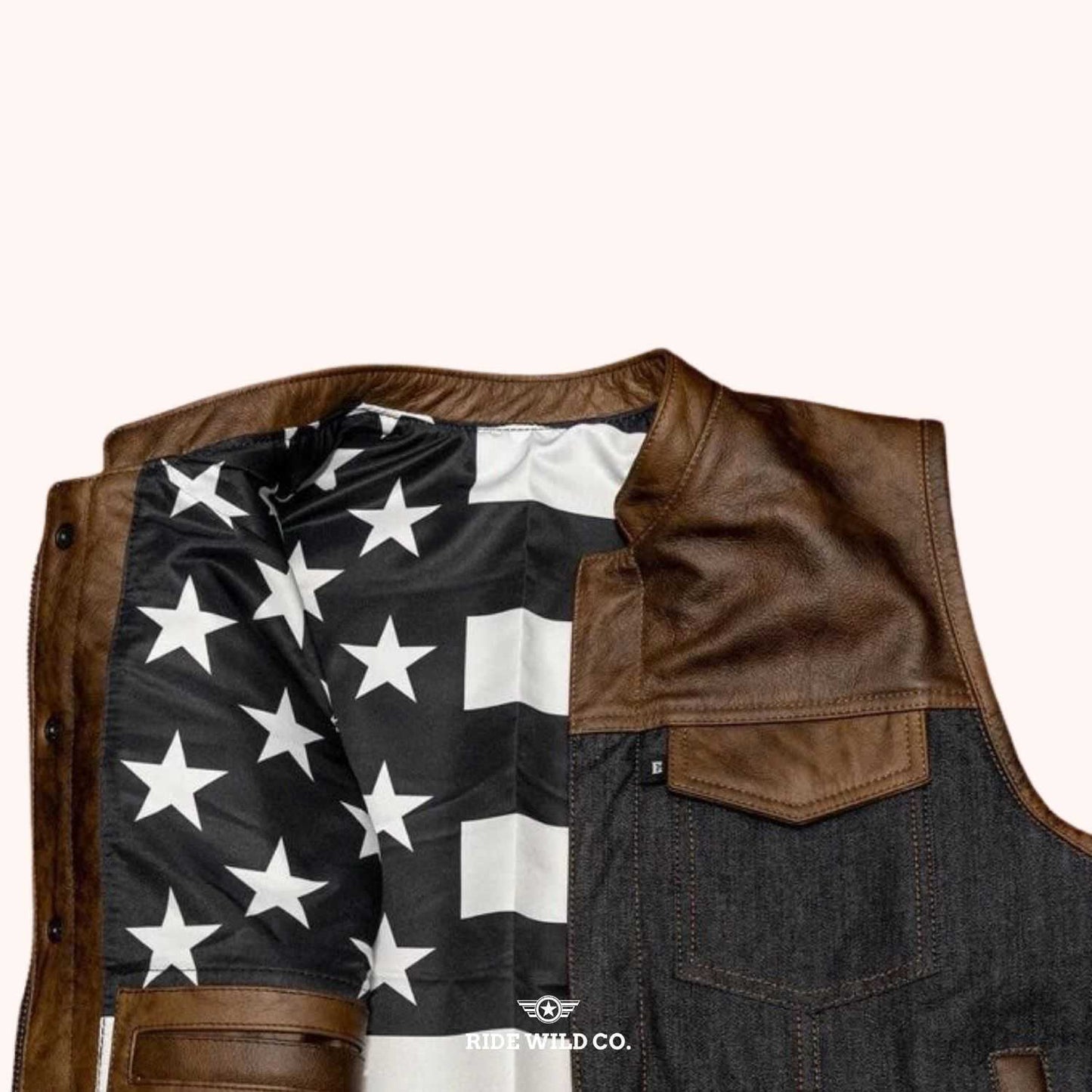 Renegade Men's Black Leather Motorcycle Vest - shoulder close up